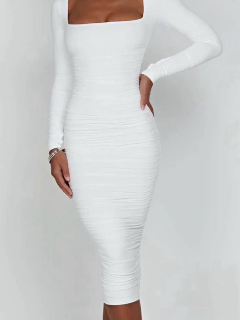 BABYBOO Wren - White Square-Neck Long Sleeve Ruched Midi Dress